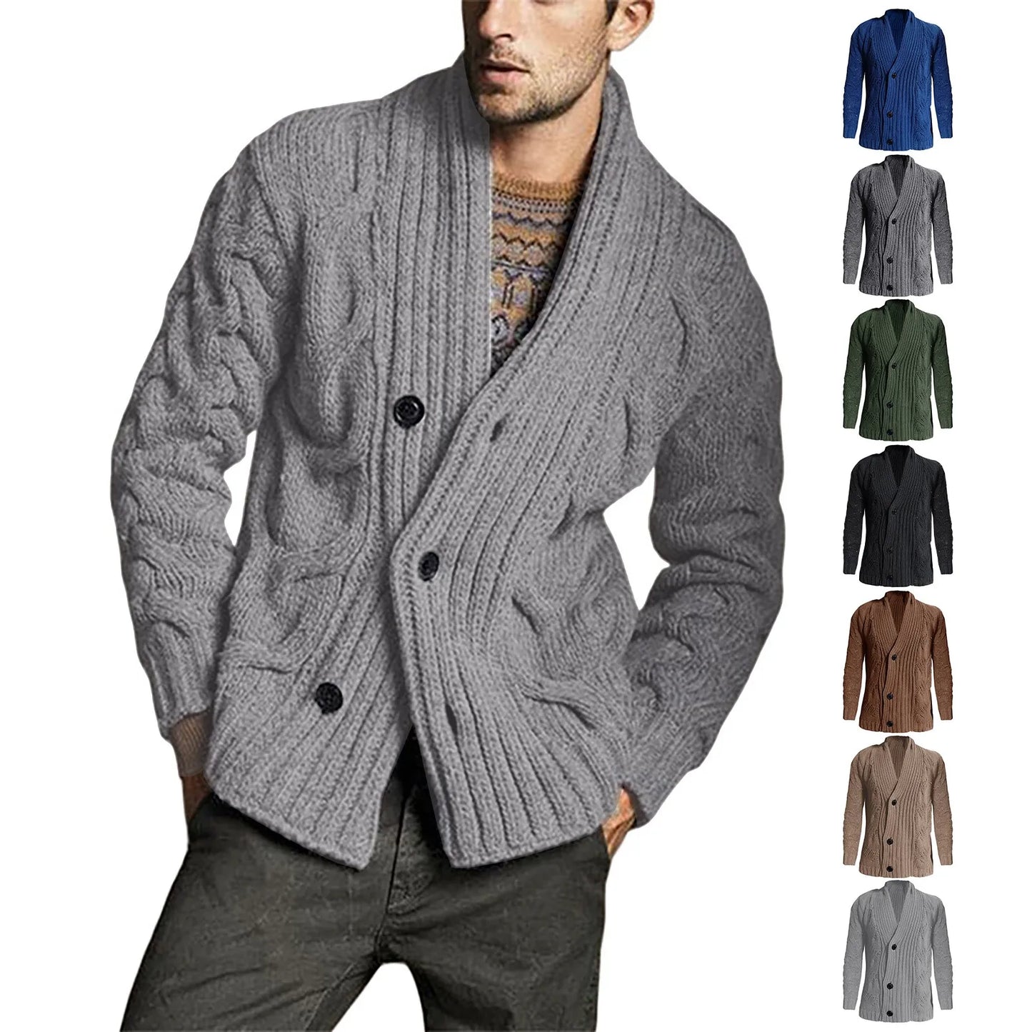 Mens Casual Cardigan Sweaters Long Sleeve Shawl Collar Button Down Cable Knit Coat Cubicle Coat Hook Wool Blend Overcoat Men