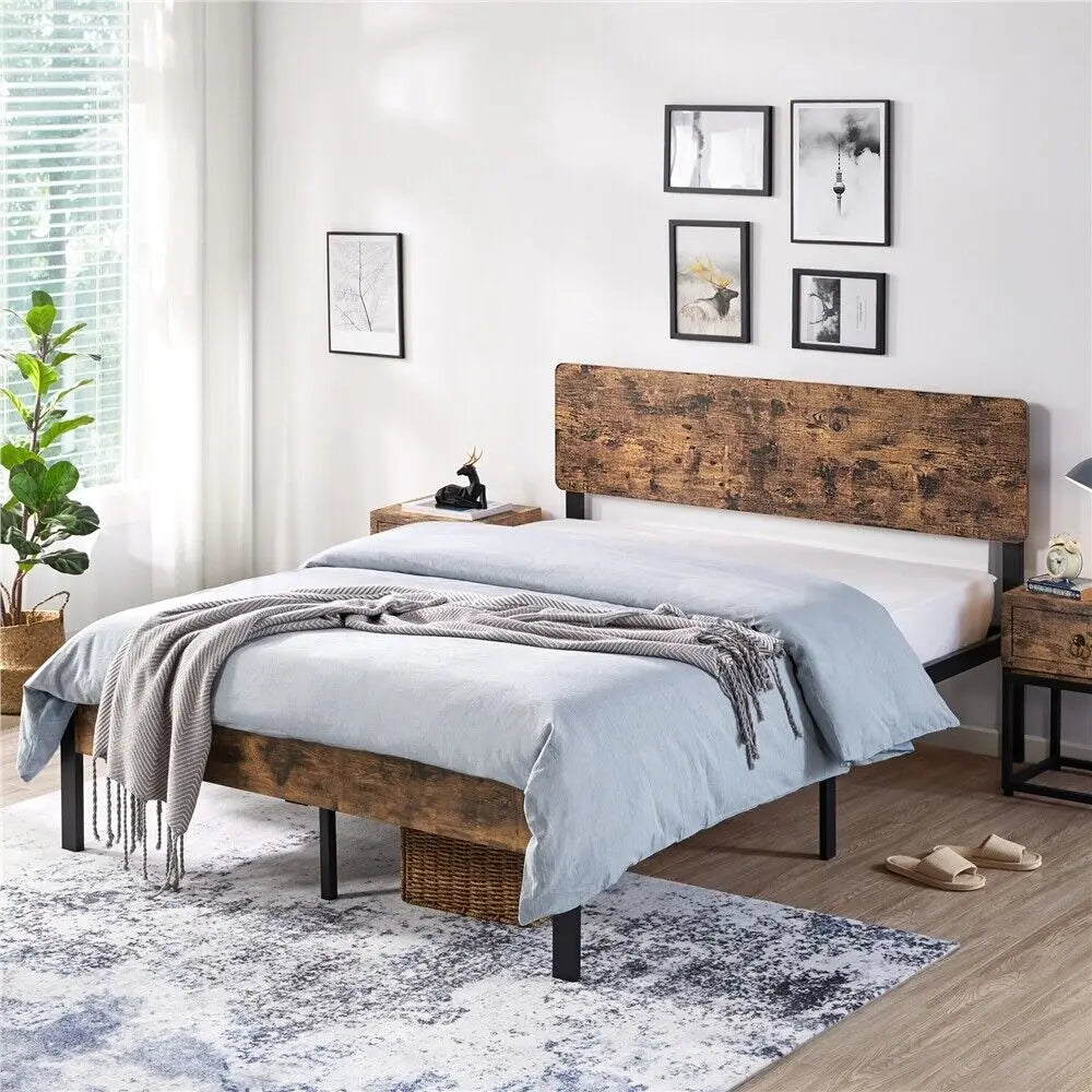 Twin/Full/Queen Metal Platform Bed Frame with Wooden Headboard Vintage Style