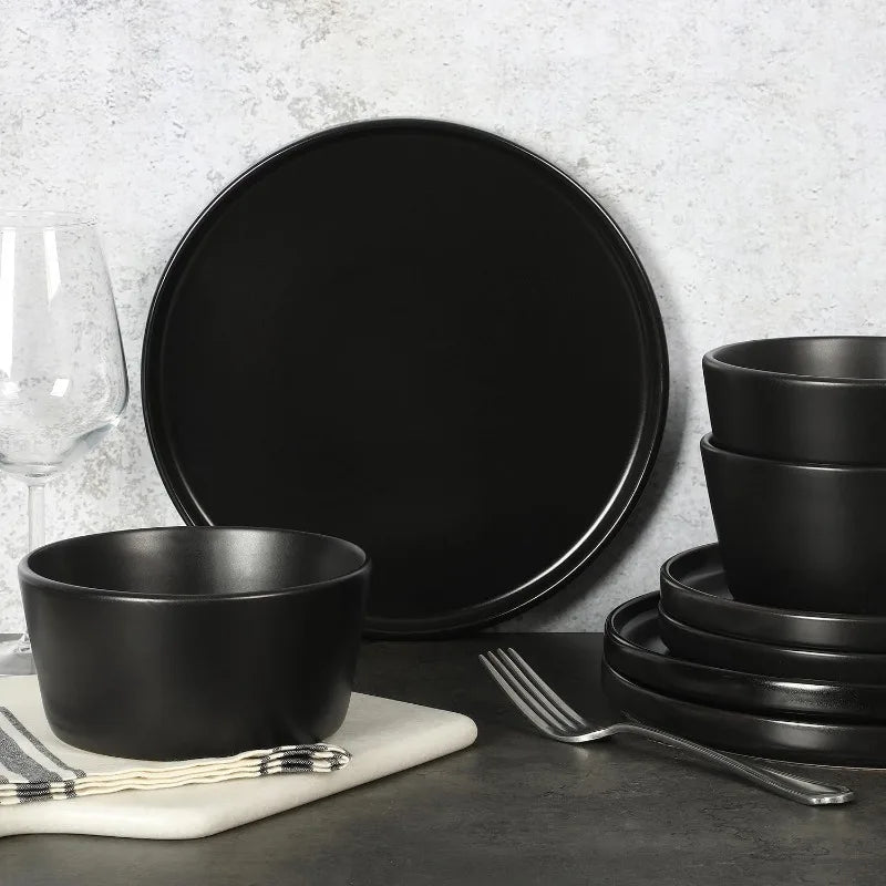 32 Piece Matte Black Stoneware Dinnerware Plates, Bowls, and Mugs Set - Service for 8