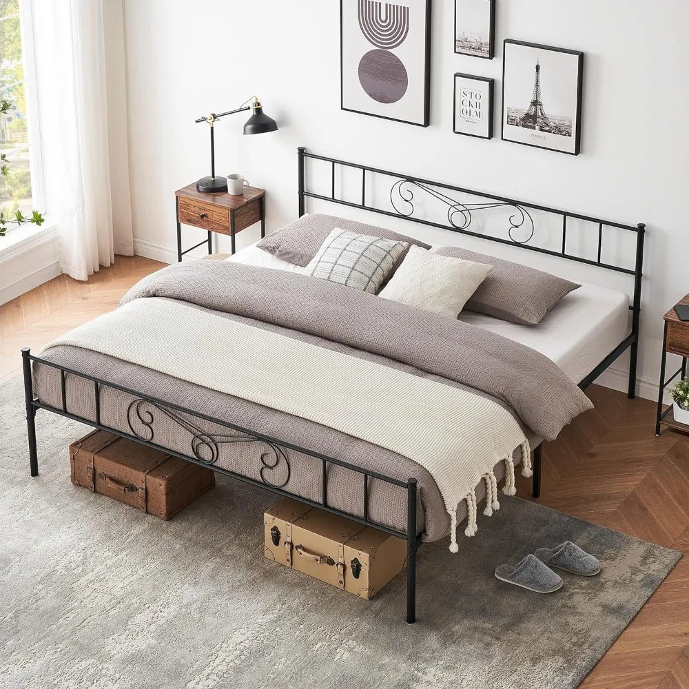 King Size Bed Frame with Headboard and Footboard, Metal Bed Mattress Foundation, King Bed Frame with Storage