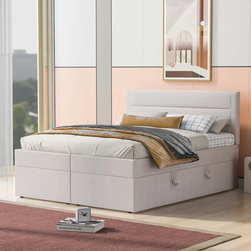 Beige Queen Size Upholstered Platform Bed with Storage Underneath, Easy to assemble for indoor bedroom furniture