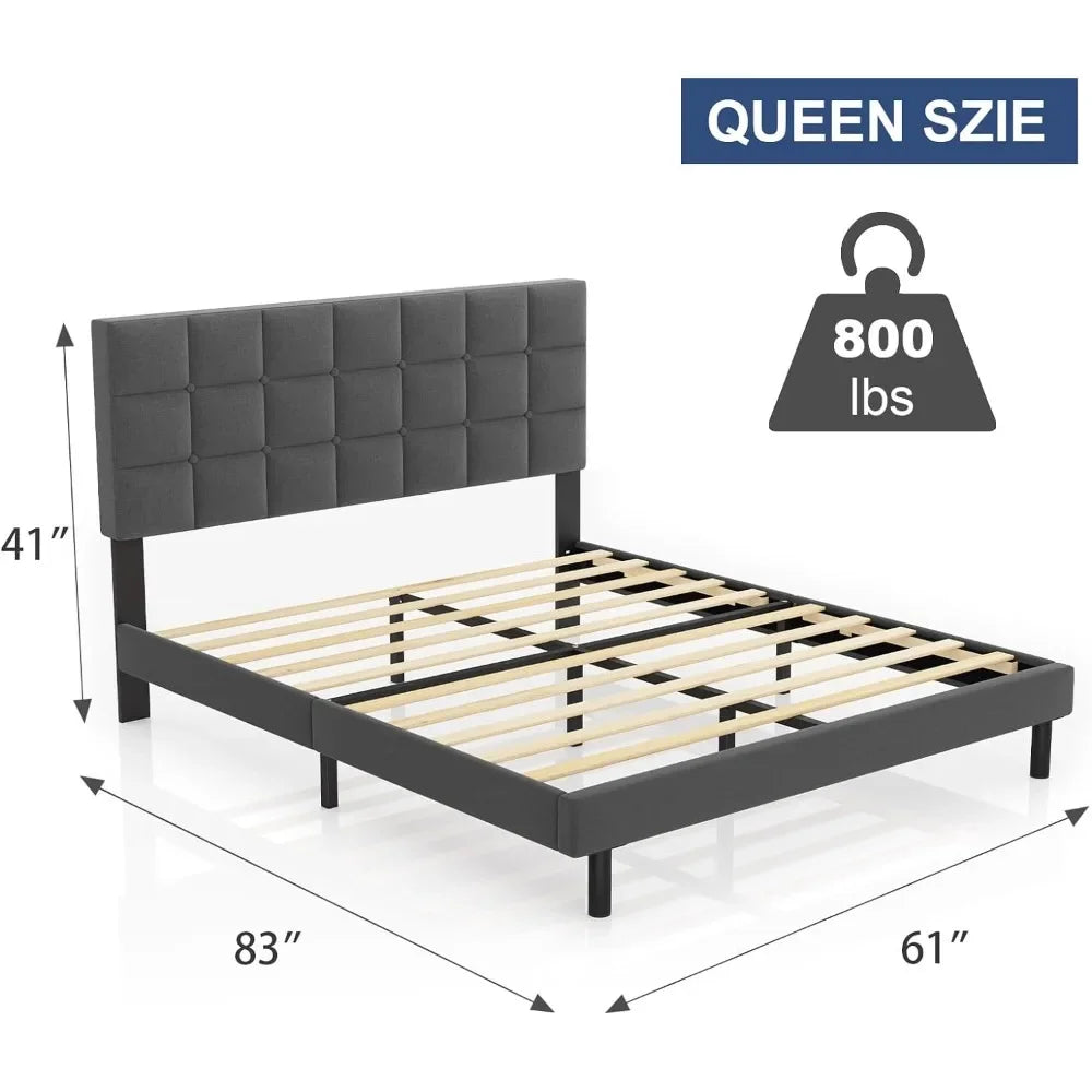 Large bed frame upholstered platform with headboard and sturdy wooden slats, non-slip and noiseless, no springs required