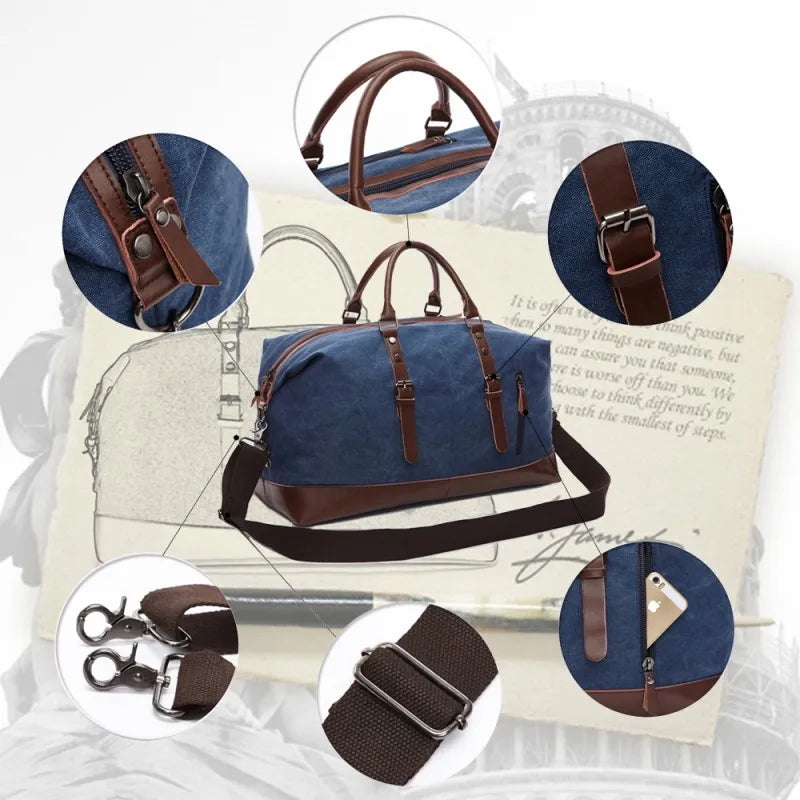 Canvas Travel Bag Men Simulation Leather PU Outdoor Luggage Travel Fitness Bag Large Capacity Tote Handbag Hiking Luggage Bag