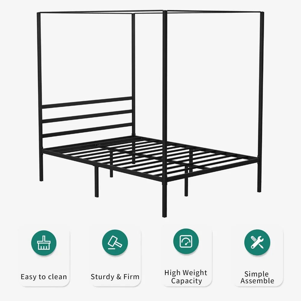 Black Bed Frame Metal Four Poster Canopy Bed Frame 14 Inch Platform With Built-in Headboard Strong Metal Slat Mattress Support