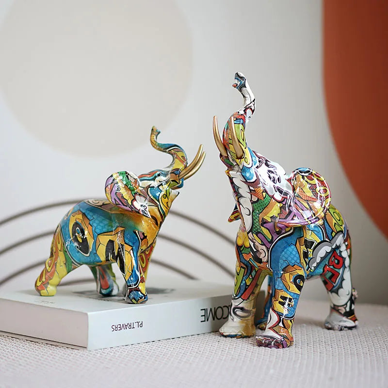 Vilead Graffiti Elephant Sculpture Resin Animal Statue Modern Pop Street Art  Figurines Home Living Room Decoration Interior