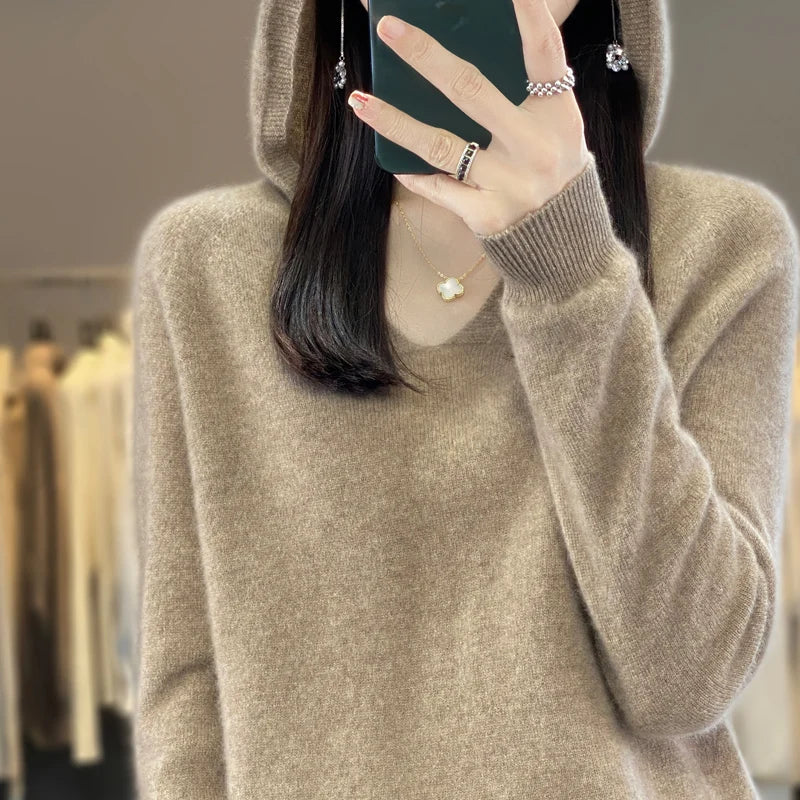 Knitted sweater cashmere sweater women's 100% merino wool hooded V-neck pullover winter autumn hoodie top women's clothing