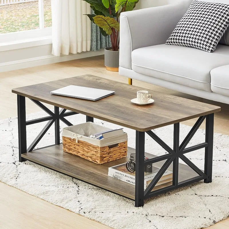 Living Room with Round Corners Farmhouse Style Center Table with Storage Shelf 39 Inch Space Saving Easy Assembly  Wash