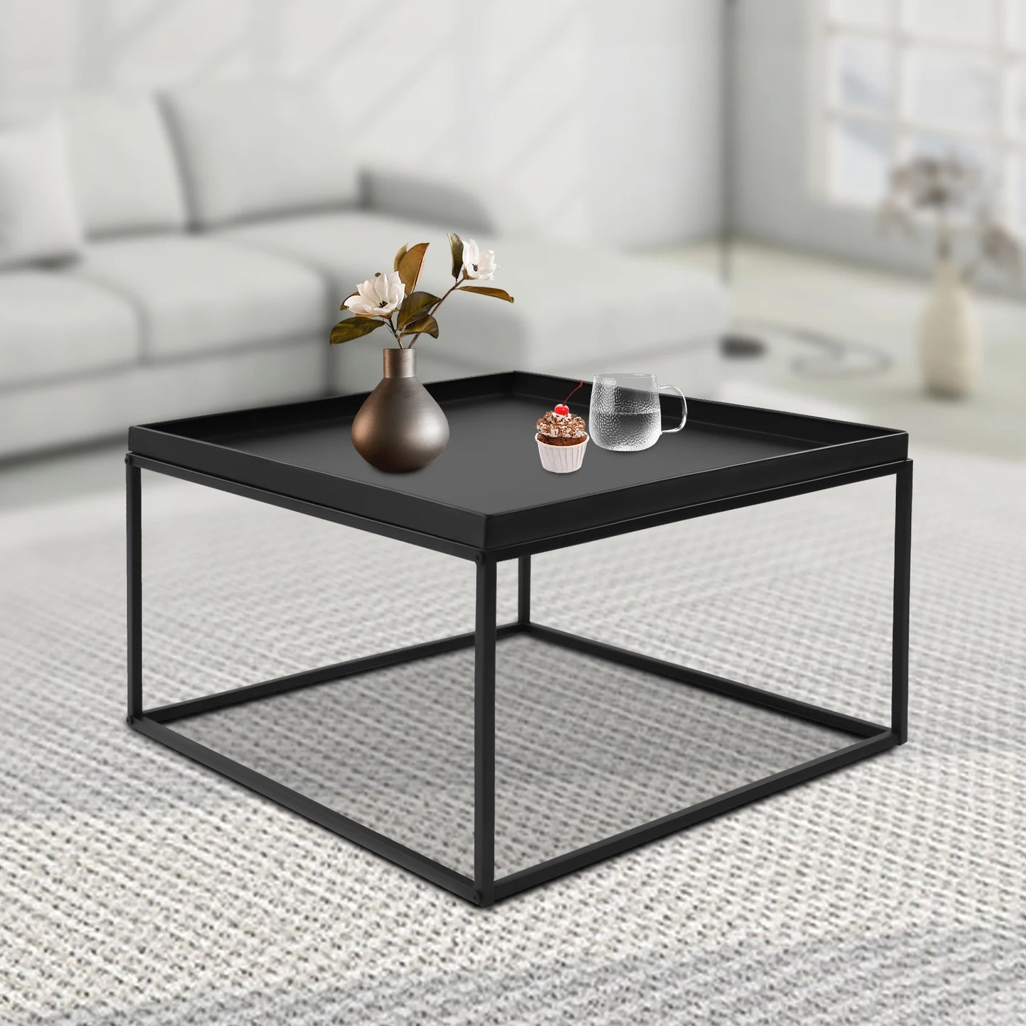 Square Metal Tray Side Table, Black Matte Small Coffee End Table with Frame for Living Room, Balcony, Bedroom