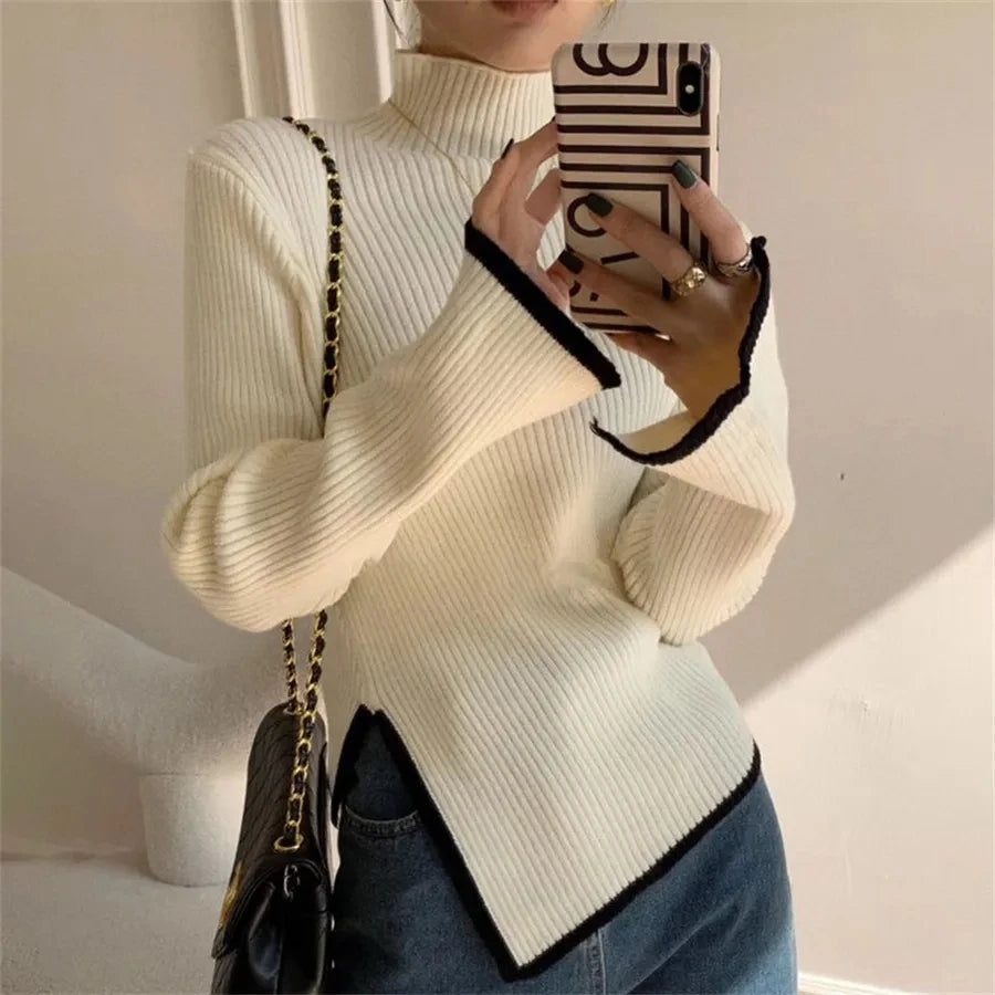 Pullover Women Sweater Long Sleeve Top Autumn Winter Knitwears Turtleneck Sleeve Slim Clothes Casual Street Wear Women's Jacket