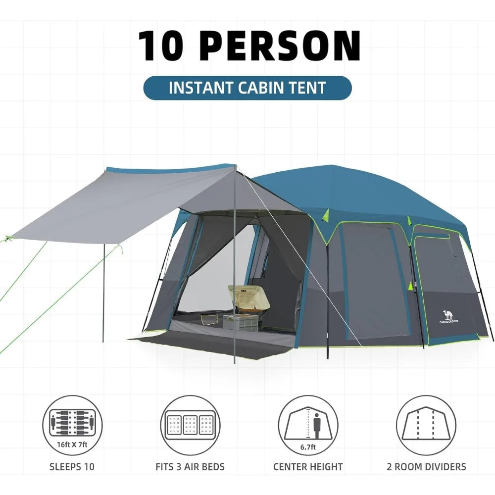 Camping Tents 10 Person Family Cabin Tent with 2 Doors and 4 Windows Large Multiple Room Tent with Floor Mats Tents