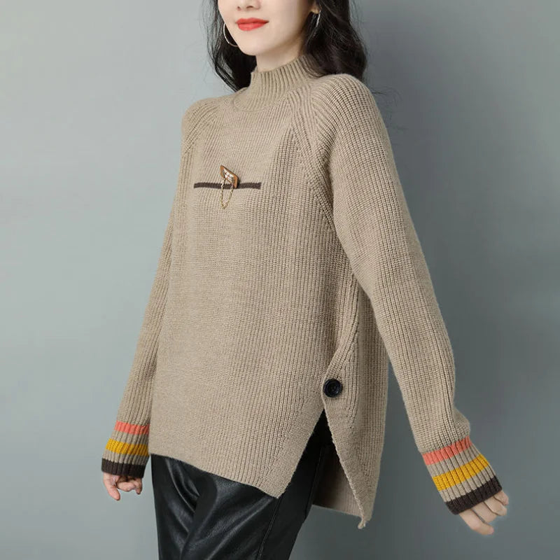 Women's Clothing Fashion Versatile 2023 Autumn and Winter New Splice Buttons Half High Collar Long Sleeved Solid Color Pullover