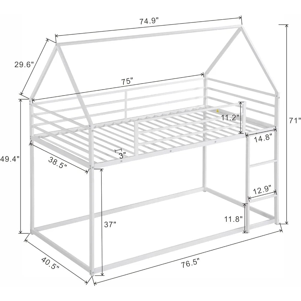 Twin Over Twin Junior Metal Floor Bunk Bed, Twin Size House Bunk Bed Frame with Ladder and Roof for Kids Boys Girls