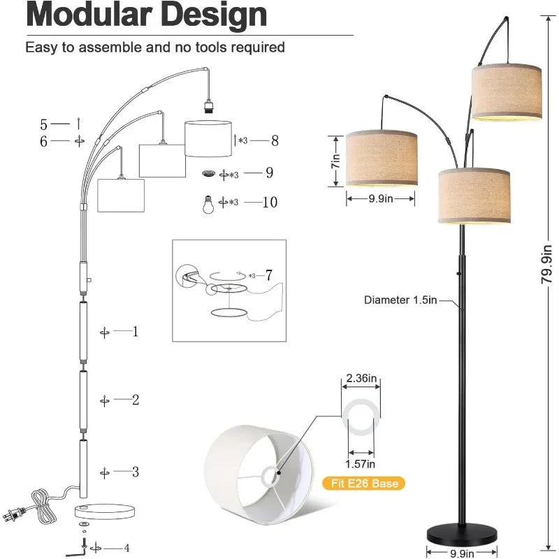 3 Lights Arc Floor Lamps for Living Room, 1000LM Modern Tall Standing Lamp With Beige Shades & Heavy Base, 3 LED Bulbs Include