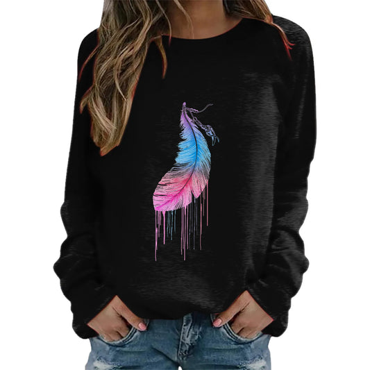 Feather Printed Women's Sweatshirt Long Sleeve Casual O Neck Loose Pullover Spring And Autumn Sweatshirt Top Hoodless Streetwear