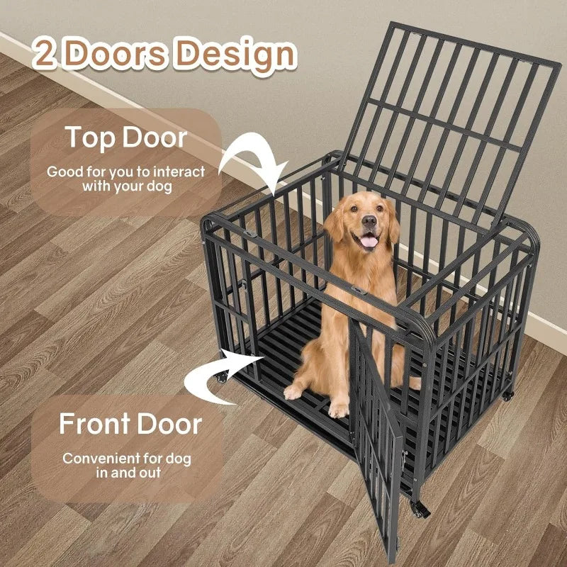 38 Inch Heavy Duty Dog Crate Steel Dog Crate,Escape-Proof Double Door Dog Kennel with 360°Lockable Wheels, Dome Design