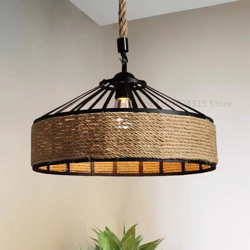 Classical Hemp Rope Pendant Hanging Lamp Lustre for Ceiling Chandelier Classic Retro Antique Industrial Iron Dining Room Light