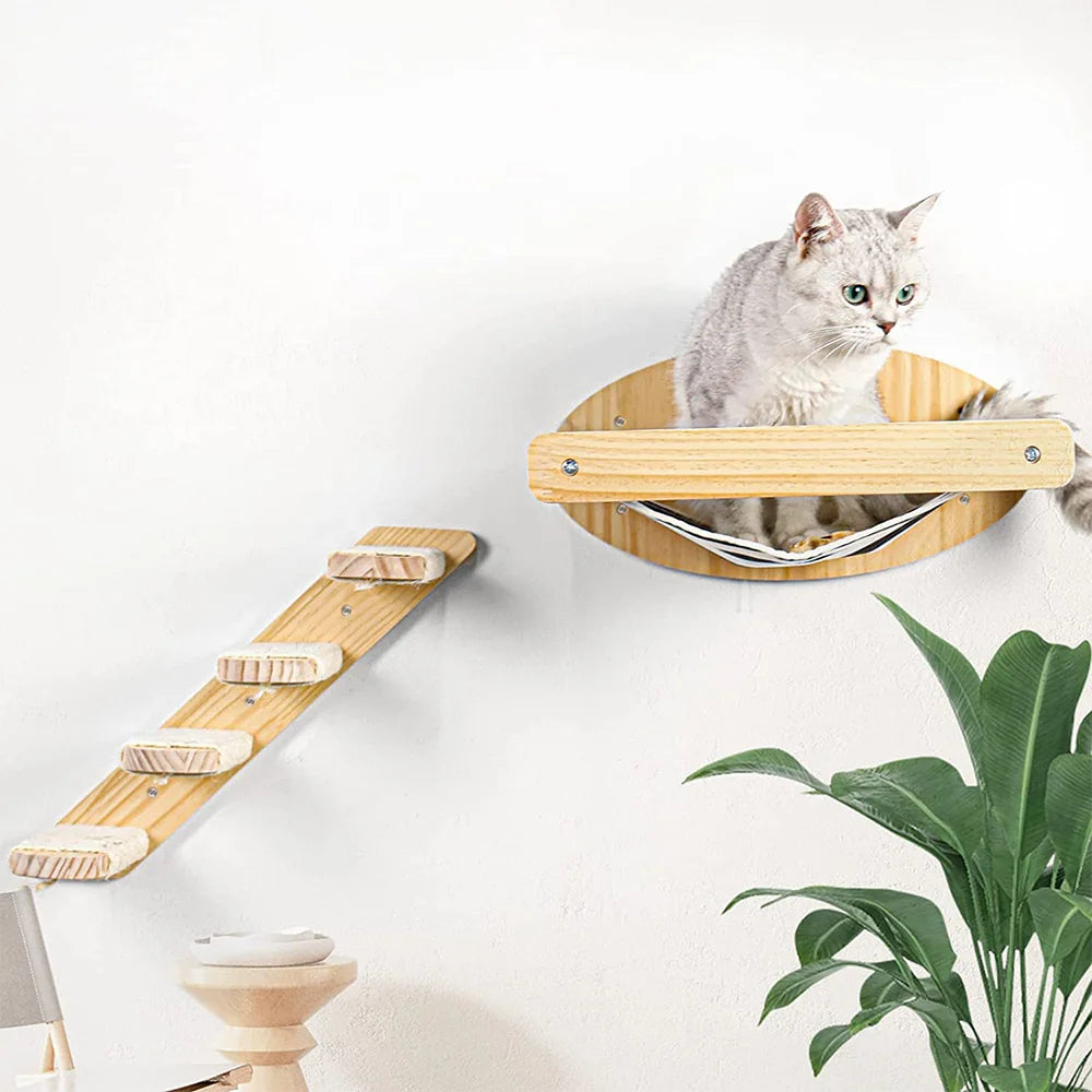 Wall Mounted Cat Shelves and Rope Ladder Scratching Post for Cat Furniture Wooden Jumping Platform Kitty Playing and Sleeping