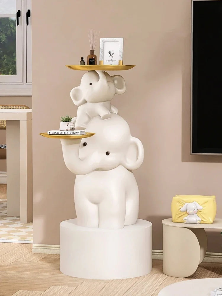 Home Decor Elephant Sculpture Family Resin Figurines Table Decor for Living Room Bedside End Table with Tray Top for Coffee