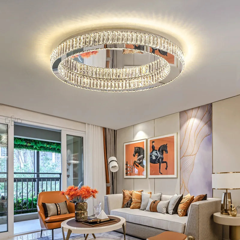 Modern Luxury Crystal LED Ceiling Light Living Room Kitchen Island Lamp Stainless Steel Round Chrome Art Ceiling Pendant Fixture