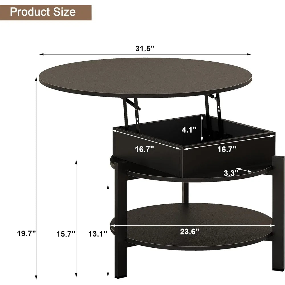 Round Coffee Table, Lift Top Coffee Table with Storage and Hidden Compartment, Small Coffee Table Dining Table for Living Room