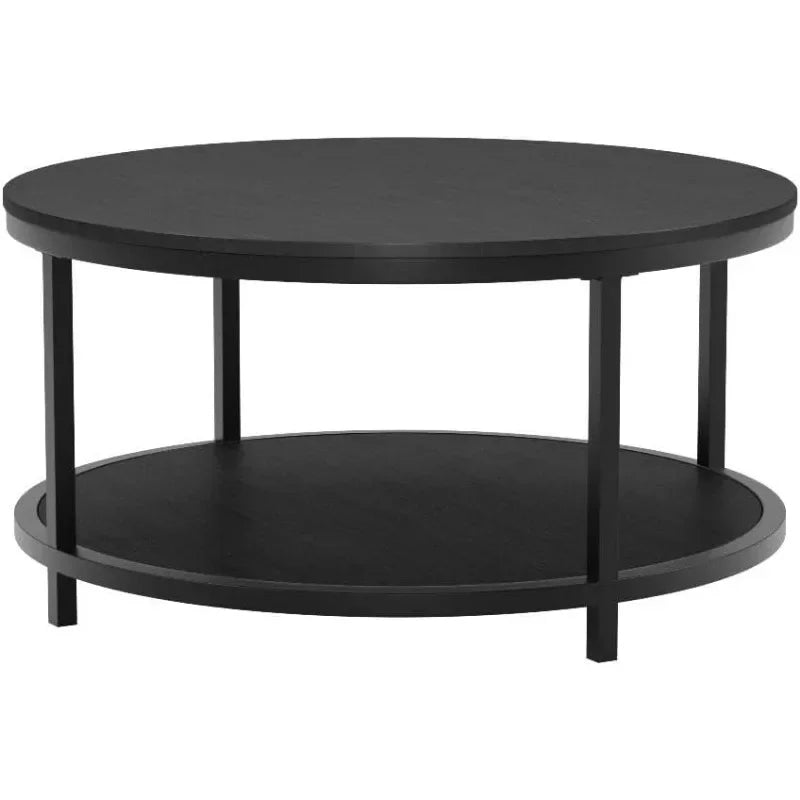 WiberWi Rustic Industrial 35.8" Round Coffee Table with Storage Shelf and Sturdy Metal Legs, Easy Assembly