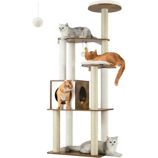 Tree for Cats 65-Inch Modern Cat Tower for Indoor Cats Multi-Level Cat Condo With 5 Scratching Posts Washable Removable Cushions