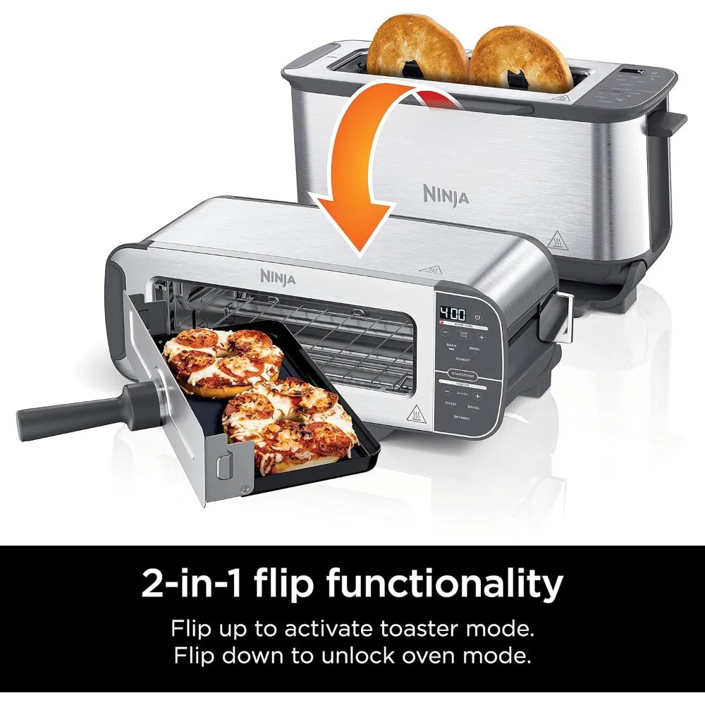 2-in-1 Flip Toaster, 2-Slice Capacity, Compact Toaster Oven, Snack Maker, Reheat, Defrost, 1500 Watts, Stainless Steel