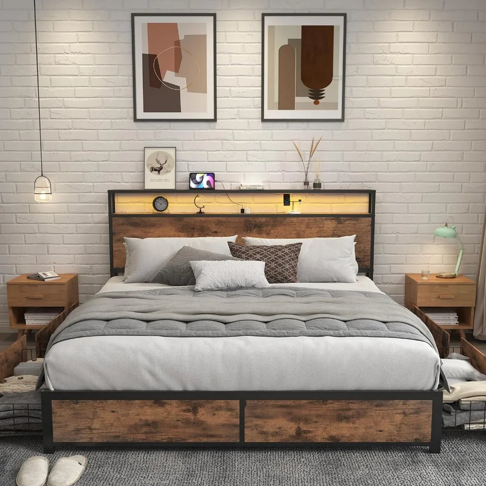 Bedstead Headboard with 2 Layers of Storage, Metal Platform Bed Frame with 4 Storage Drawers, Built-in Charging Station and LED