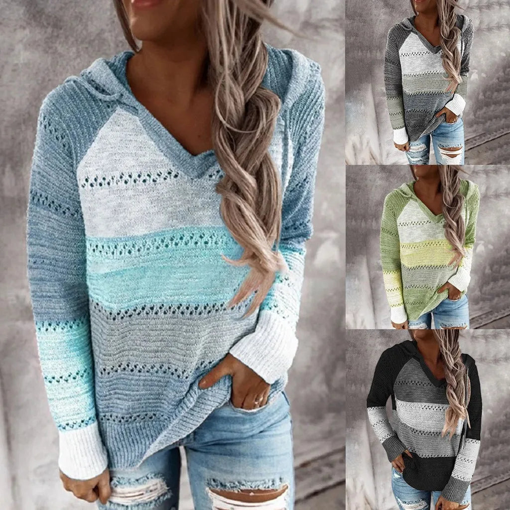 Plus Size 5XL Autumn Winter Women's Pullover Fashion Patchwork Long Sleeve Knit Sweater Tops Women Crochet Hollow Hooded Sweater