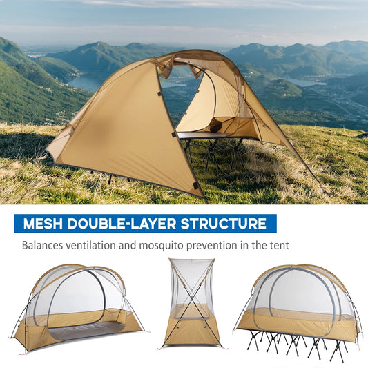 Single Tent Portable Folding Bed Mountaineering Tent Lightweight Backpacking with Elevated Platform Double-layer for 4 Season