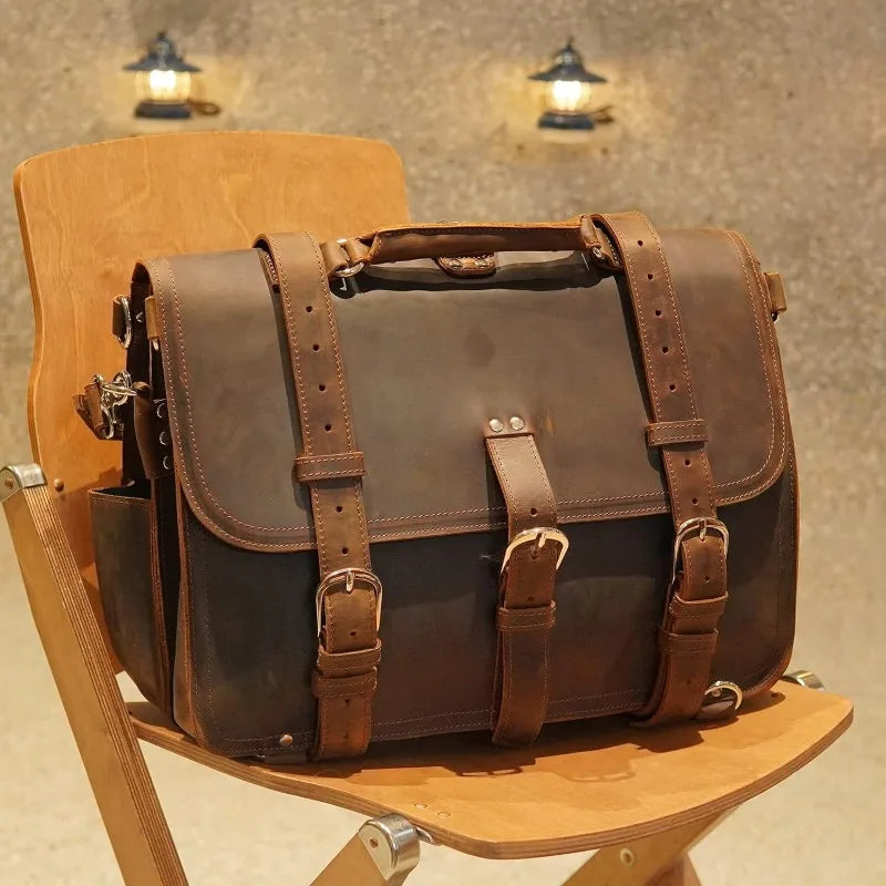 Grain Leather 16'' Briefcase Shoulder Messenger Bag For Men Fit 15.6'' Laptop