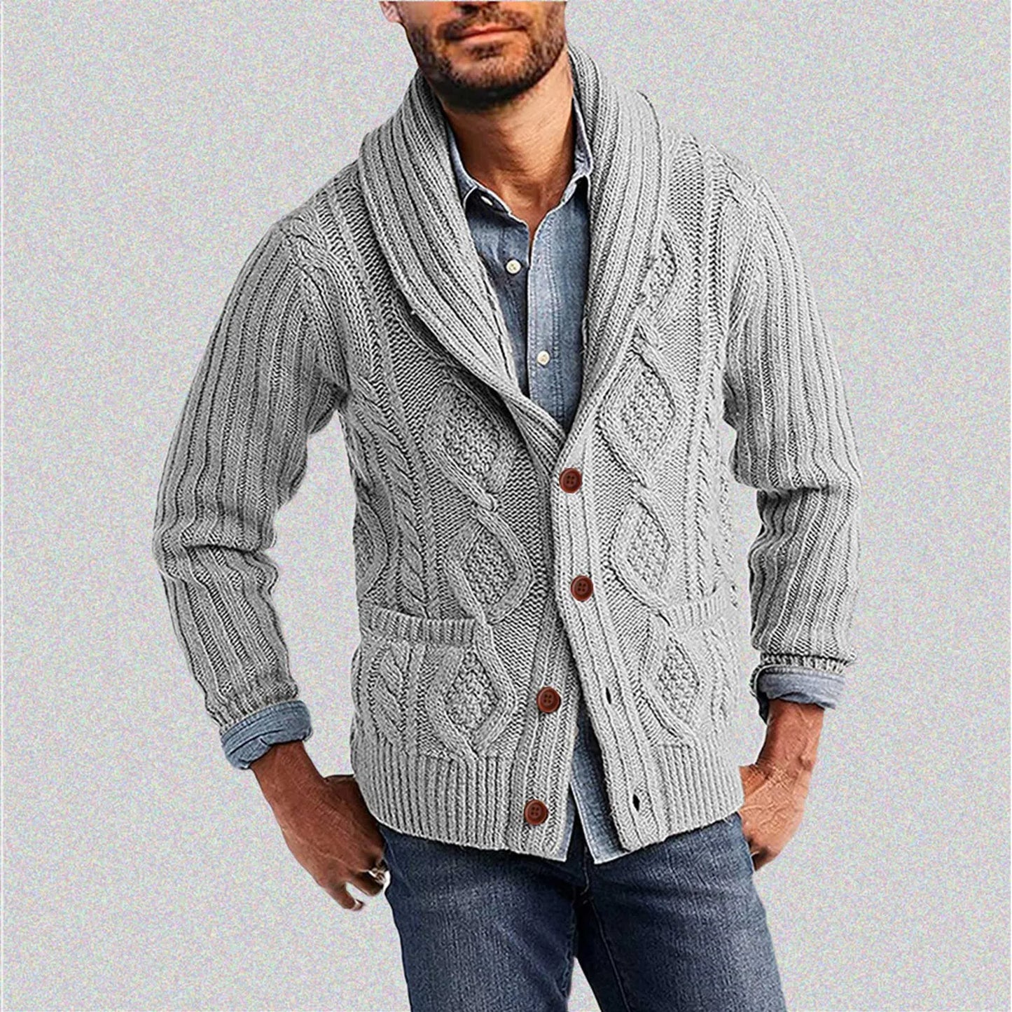 2023 Men's Cardigan Sweater Autumn Winter Fashion Solid Shawl Collar Cardigans Button Down Cable Knitted Sweater Casual Coat