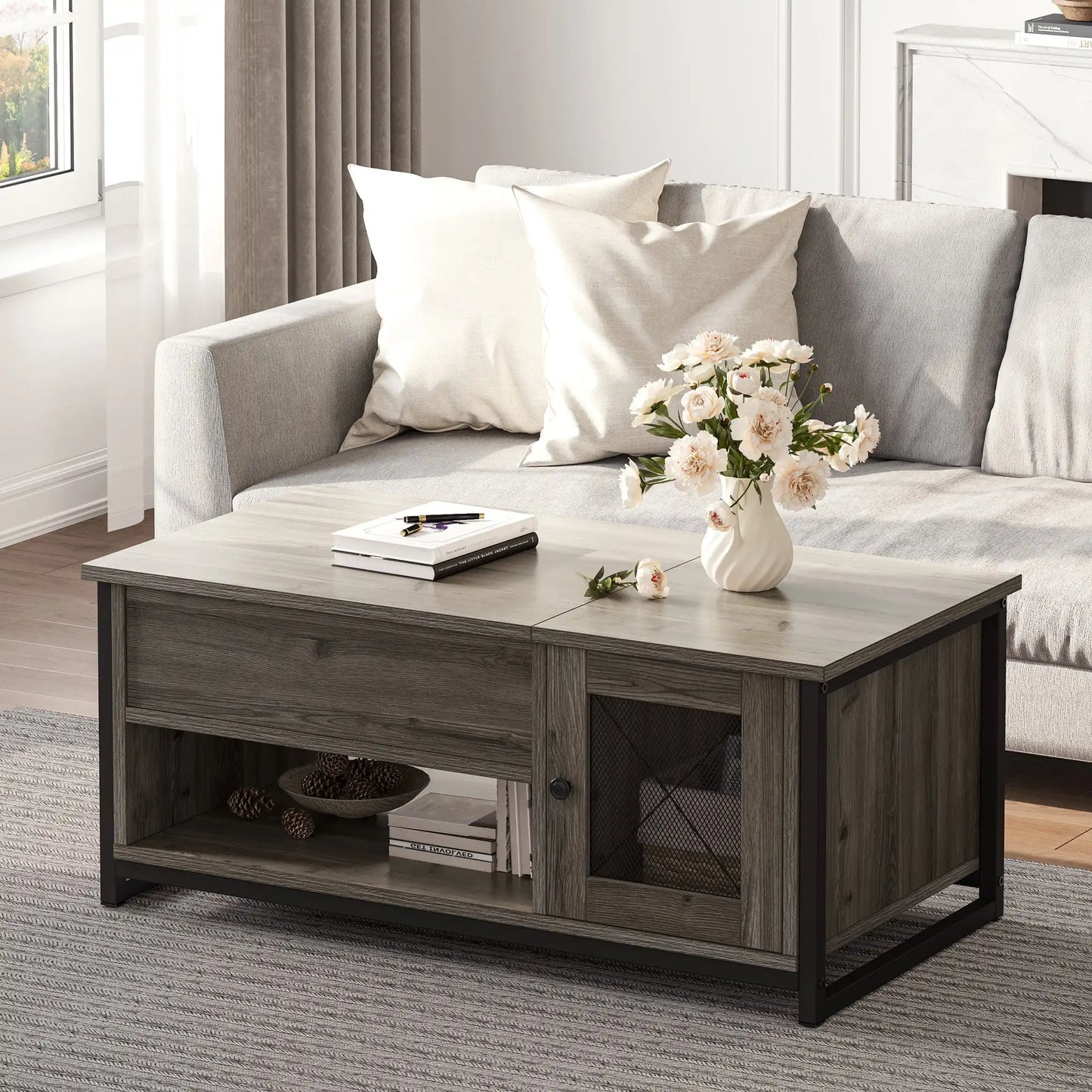 Dextrus Lift Top Coffee Tables with Storage, Double Doors Wood Cocktail Table for Living Room, Gray Wash    Small