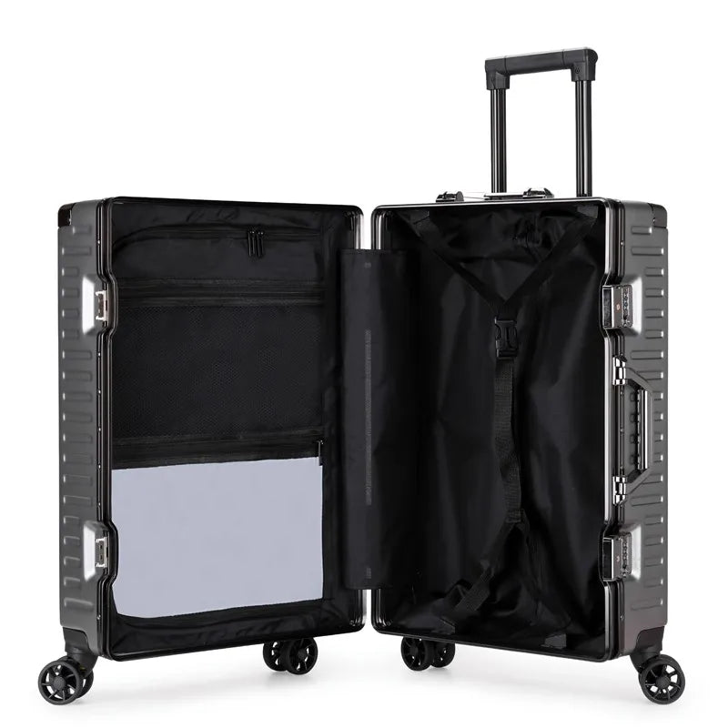 Suitcase Aluminum Frame Rolling Luggage PC Waterproof Cabin Carry-on Suitcases Bag Can Sit Unisex Password Trolley Travel Bag