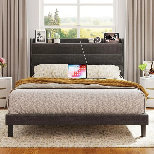 Bedroom furniture queen size bed frame, storage headboard with sockets, sturdy and stable, noiseless, no springs, dark grey