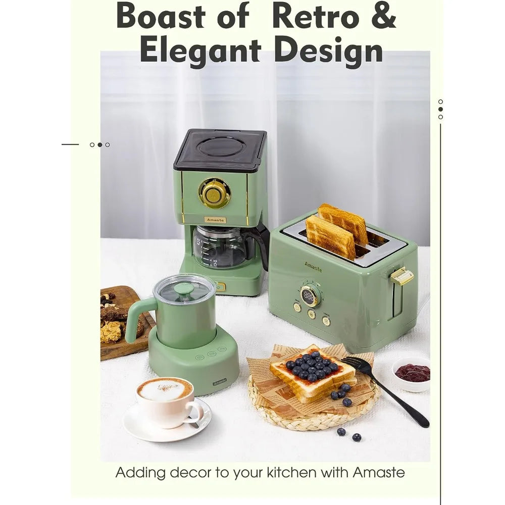 Retro Style Coffee Maker with Reusable Coffee & Three Brewing Modes, 30minute-Warm-Keeping, Matcha Green