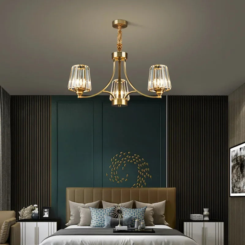 Postmodern Crystal Chandelier for Living Room Bedroom Dining Room Luxury American Copper Pendant Light Home Lighting Fixture