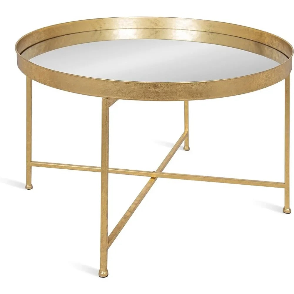 Mirrored Surface and Gold Frame Coffee Table for Living Room Metal Foldable Round Accent Coffee Table 28.25" X 28.25" X 19" Side