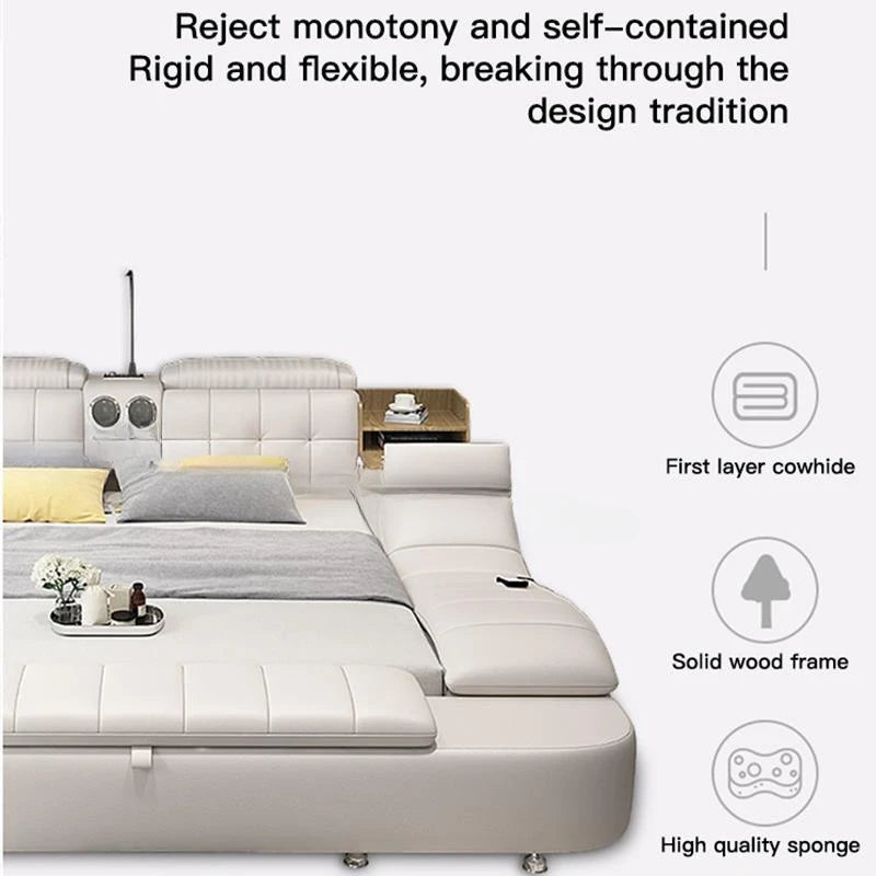 Genuine Leather Bed Frame Soft Beds Massager Storage Safe Speaker Bedroom Furniture Cama Iphone Recharging Bluetooth Double Bed