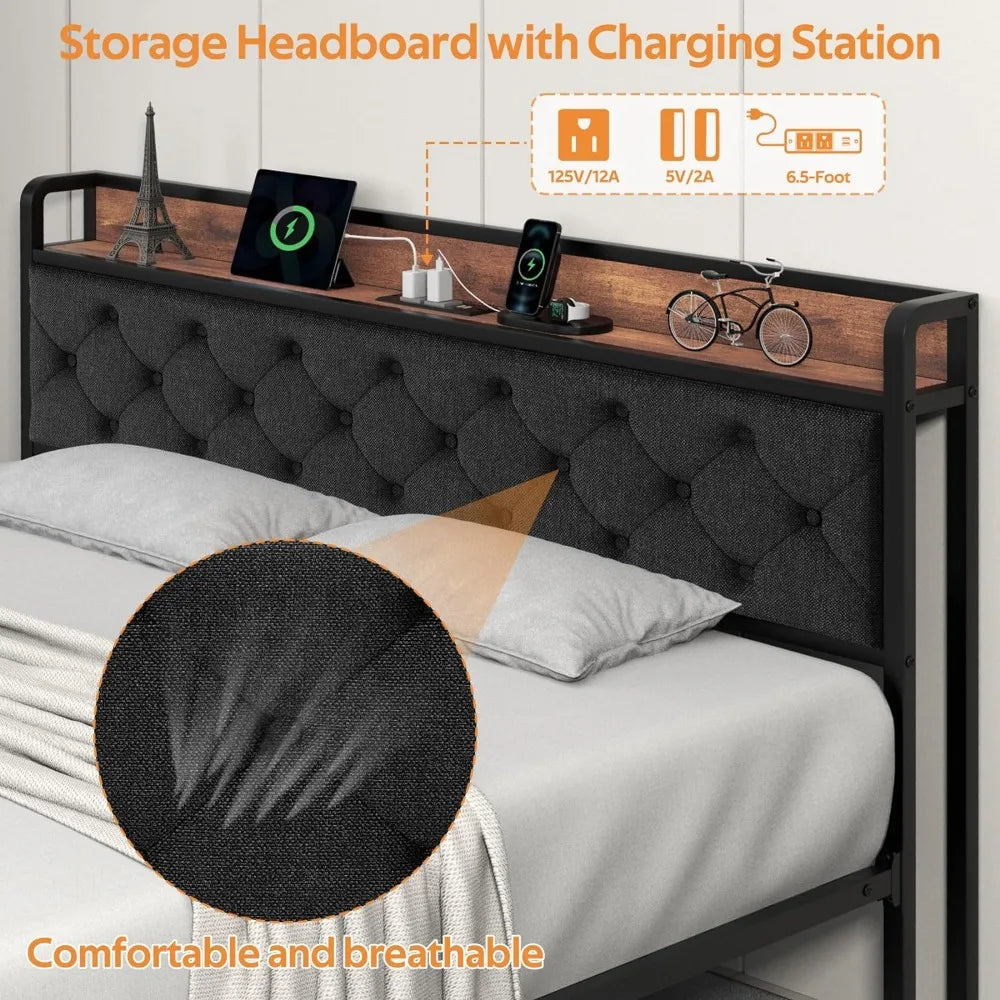 King Bed Frame with Headboard, Bed Frame with Charging Station, Modern Wood Upholstered Headboard and Under Bed Storage