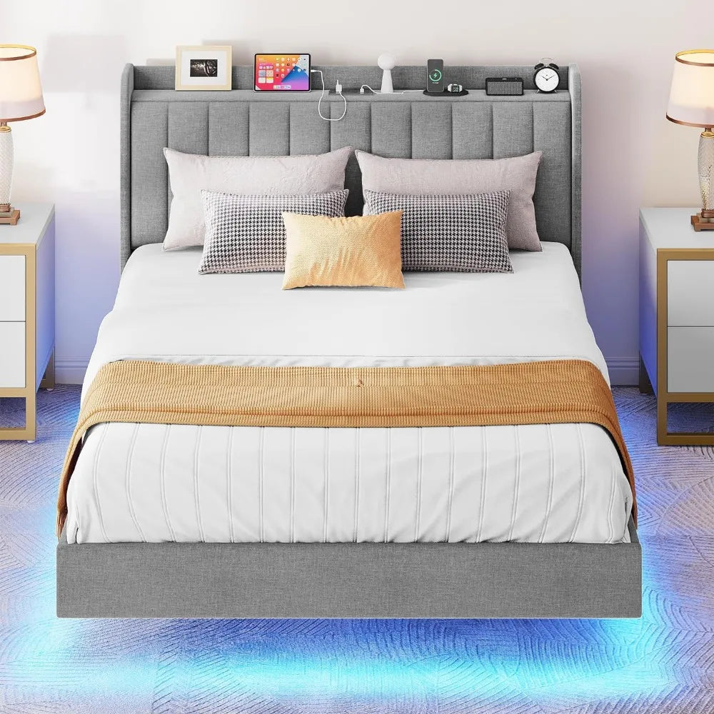 Queen bed frame,floating bed frame with padded headboard and wing back,LED platform bed frame with built-in Type-C and USB ports