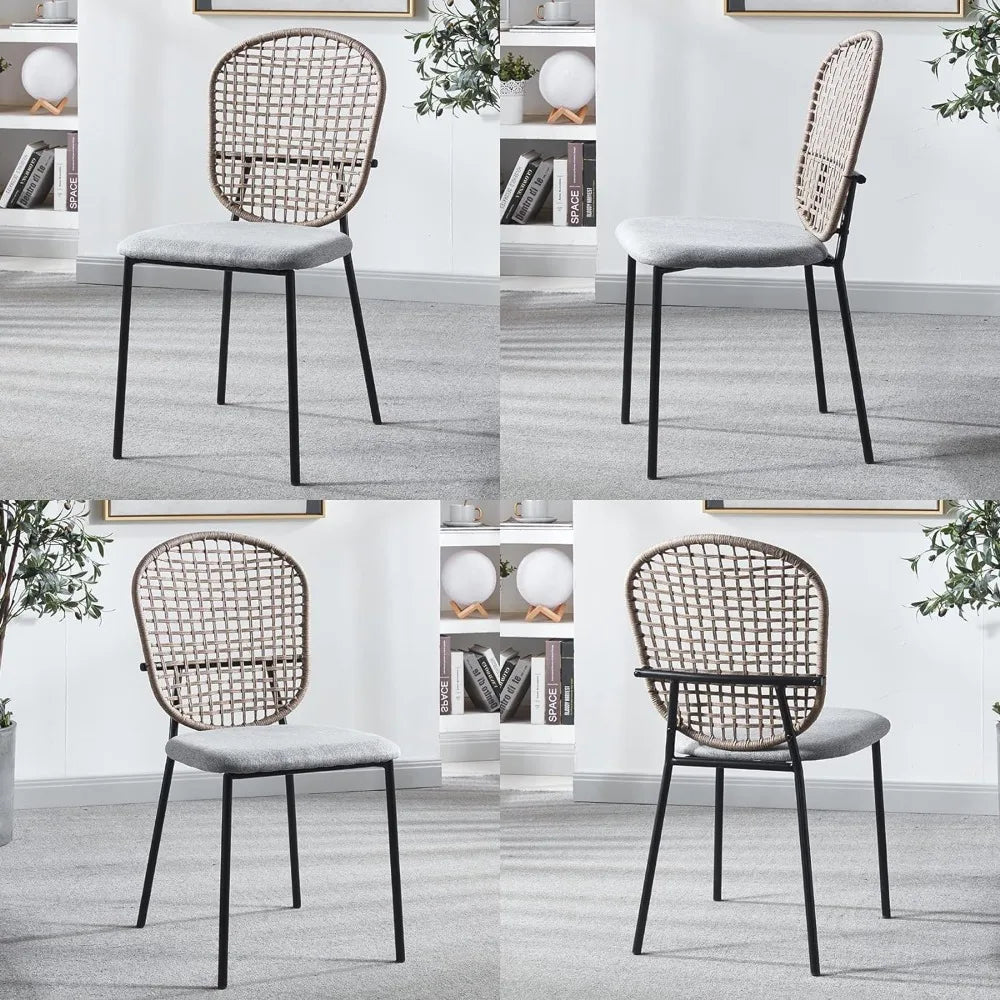 French Country Dining Chairs with Woven Backrest, Metal Legs Upholstered Accent Side Chairs for Living Room Kitchen Set of 4