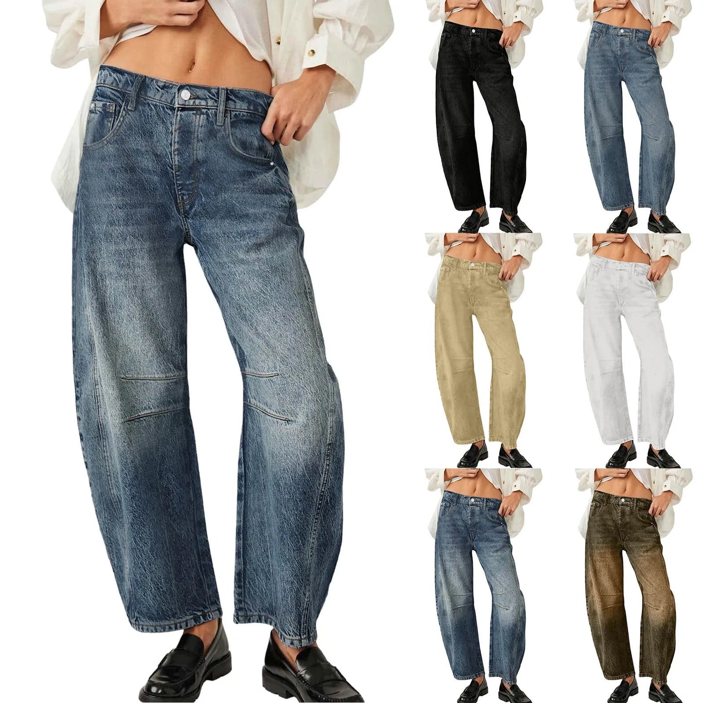 Mid Rise Barrel Jeans For Women Wide Leg Mid Waist Cropped Denim Pants Baggy Boyfriend Jeans With Womens Clothes Ropa De Mujer