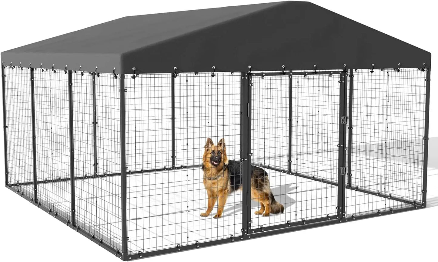 Large Outdoor Dog Kennel,Heavy Duty Dog Cage with Roof,Galvanized Steel Dog Kennel Fence with Double Safety Locks