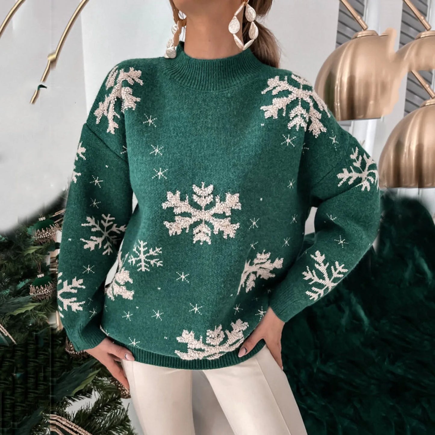 Women's Christmas Sweater Winter Snowflake Print Knitted Sweater Long Sleeve Pullover Jumpers Knitwear Loose Christmas Jumpers