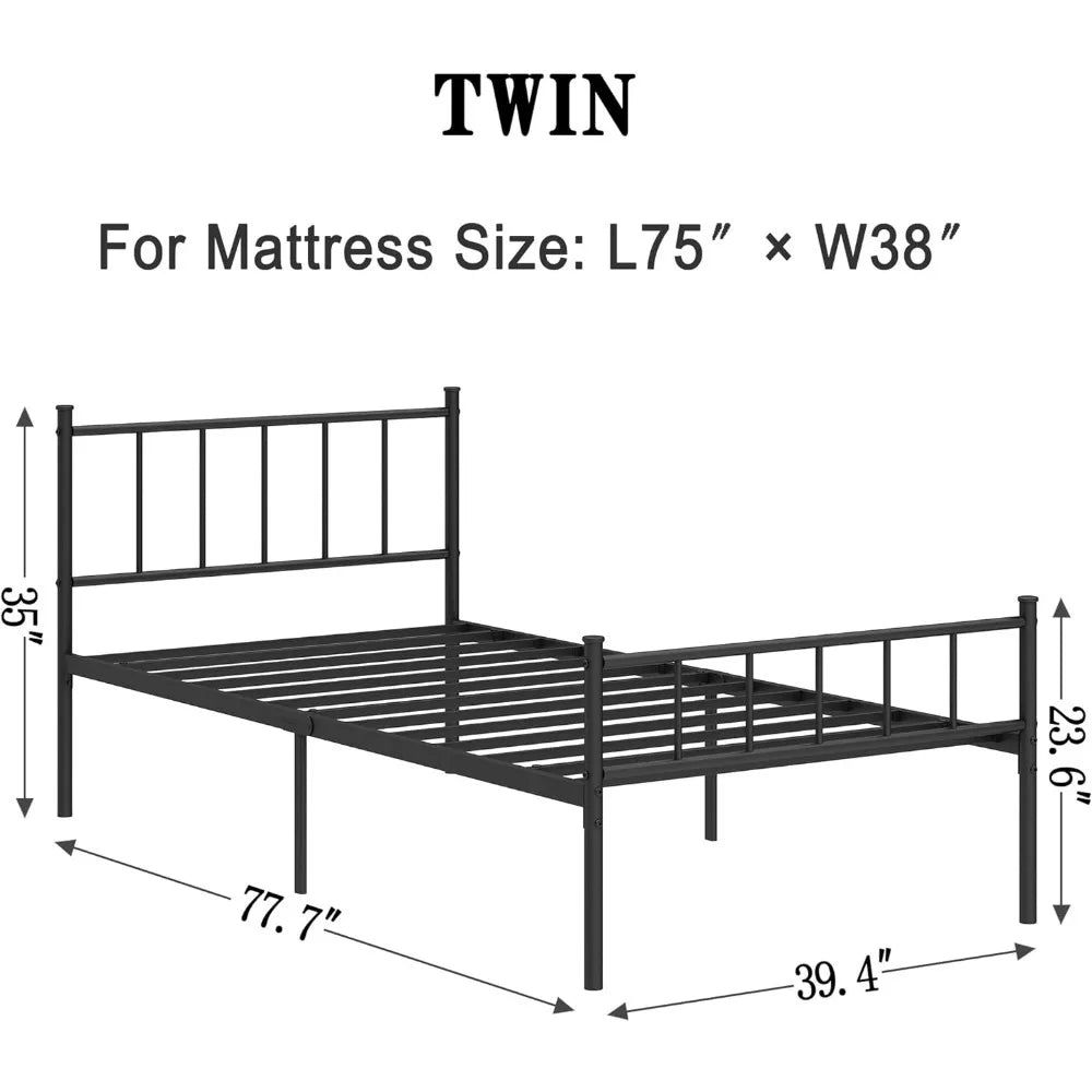 Twin Size Metal Platform Bed Frame with Heavy Duty Steel Slats, 14" Easy To Assemble, No Spring Box Required, Black