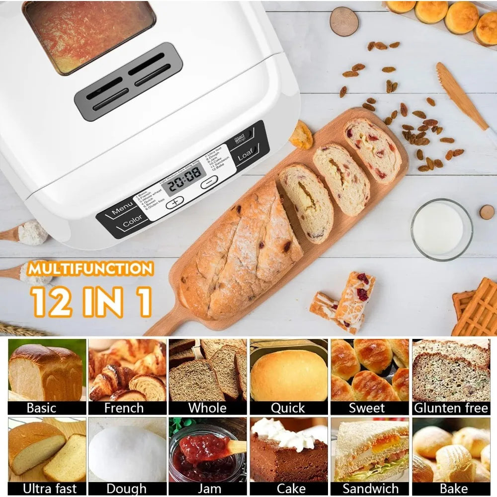 2LB Bread Maker,with 12 Presets,Gluten-Free Setting,Auto Fruit Nut Dispenser & Nonstick Pan,2 Loaf Sizes,13H Reserve