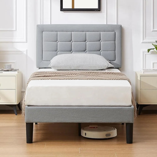 Bed Frame with Adjustable Headboard, Upholstered Button Tufted Platform Bedframe with Wood Slats Support, No Box Spring Needed