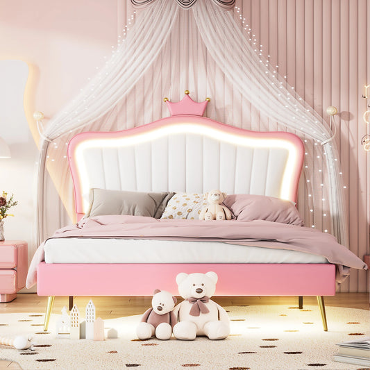 Queen/Full Size Upholstered Bed Frame with LED Lights Modern PU Princess Bed With Crown Headboard White/Pink[US-W]