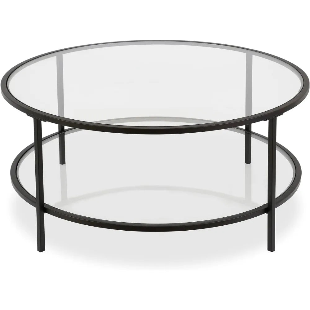 Henn&Hart 36" Wide Round Coffee Table with Glass Top in Blackened Bronze, Modern coffee tables for living room, studio